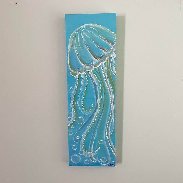 Jellyfish Floating in the Sea with Bubbles Wood Sign, acrylic painted wall hanging sign, blue, green, white and orange paint, great gift!