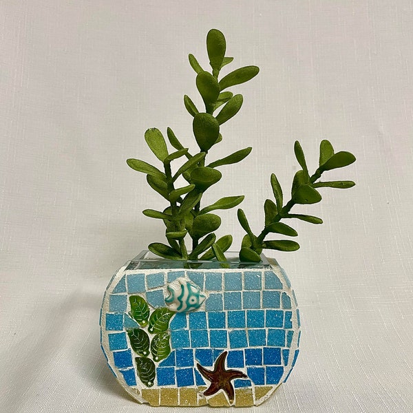Captivating Small Mosaic Fishbowl Succulent Centerpiece Planter - Glass Fishbowl with Mosaic Tiles, Glass Starfish,Fish,Perfect Gift Idea!