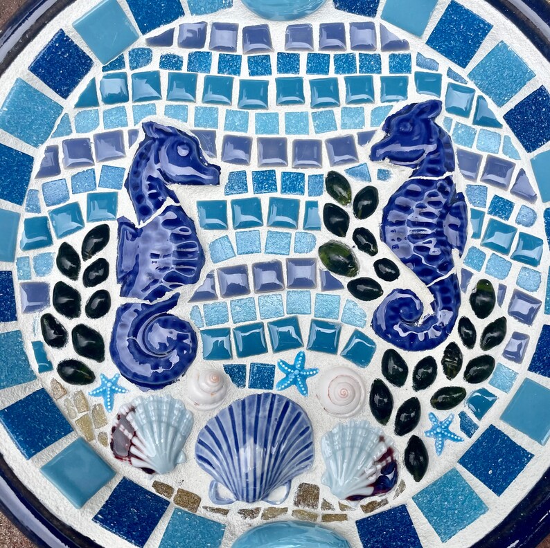 Mosaic Seahorse Birdbath – Ceramic & Glass Seashell Garden Decor - Etsy