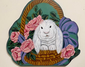 Floppy Ears Bunny in Basket with Roses Wood Wall Hanging Sign, cute white bunny painting, fun basket for you or a great gift!