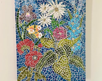 Floral Mosaic Wall Hanging: Daisies, Iris, Poppies Art Decor (16x20)