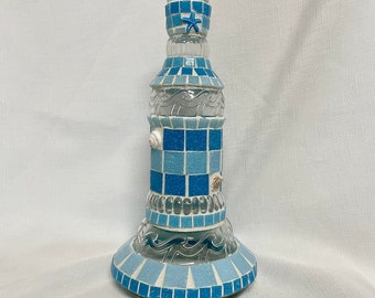 Beautiful Starfish, Seashell, Turtle Nautical Glass Vase, blue glass tiles, recycled glass wave vase, starfish, fish, turtle, great gift!