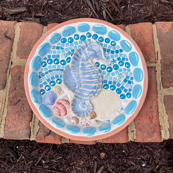 Vibrant Blue Seahorse and Seashells Mosaic Birdbath, terracotta birdbath, glass rounds, seashells, great birdbath gift or your beach house!