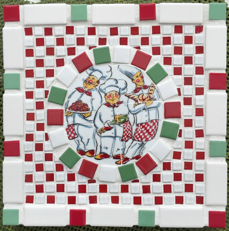 Three Festive Checd Chefs Wall Art Mosaic Made With Red - Red Glass Mosaic Wall Art Three Festive Checd Chefs Wall Art Mosaic Made With Red - Red Glass Mosaic Wall Art