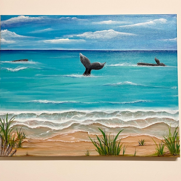 Whale Watching from the Shore Wall Hanging, canvas painting of three whales swimming in the ocean, for your sea themed room or beach house!
