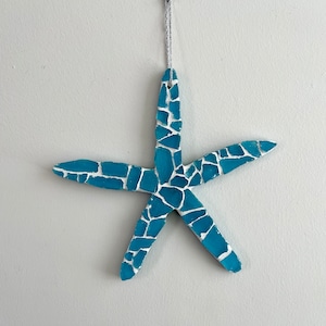 Sea Glass Starfish Mosaic Ornament: Teal Beach House Decor