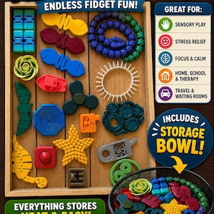 May include: A collection of 20 unique fidget toys in various shapes and colors, including a star, gears, and a spinner. The set includes a storage bowl and is designed for sensory play and stress relief.