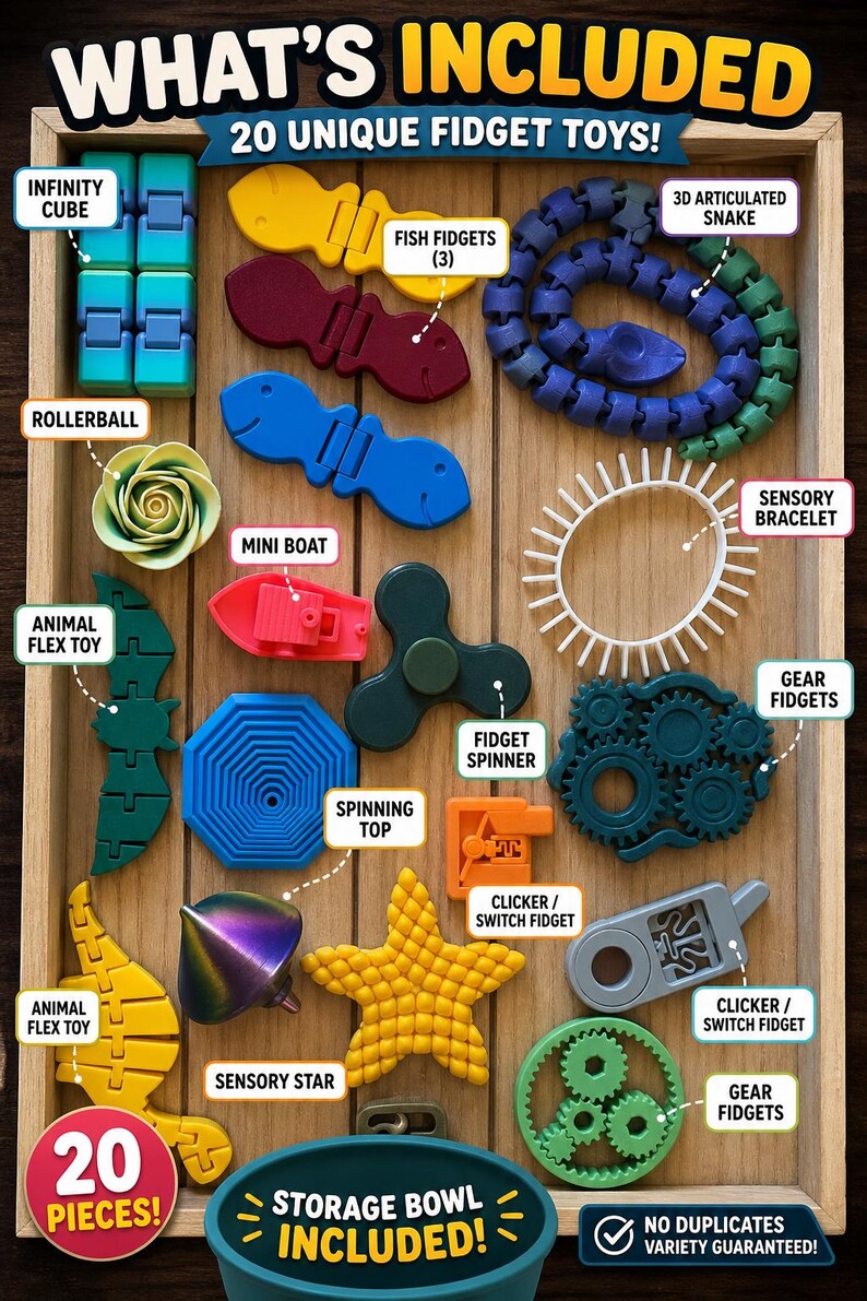20 Piece Sensory Fidget Toy Bundle With Storage Bowl for Kids - Etsy