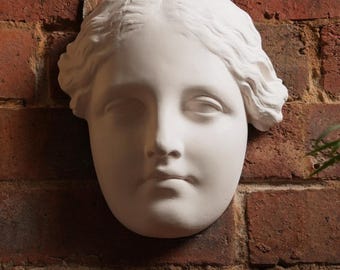 Young Woman Portrait Mask, Small Handmade Plaster Cast, Classical Wall Sculpture.