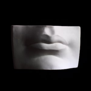 May include: A white plaster cast of a human mouth, showing the lips and teeth. The cast is isolated against a black background.