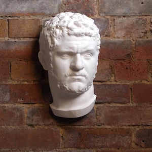 May include: A white plaster bust of a man with curly hair, a mustache, and a beard, mounted on a red brick wall. The sculpture has a stern expression and is a classical art piece.