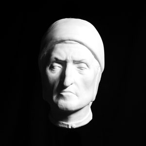 May include: A white plaster bust of a person with a serious expression. The bust is wearing a simple hat and has a detailed face.