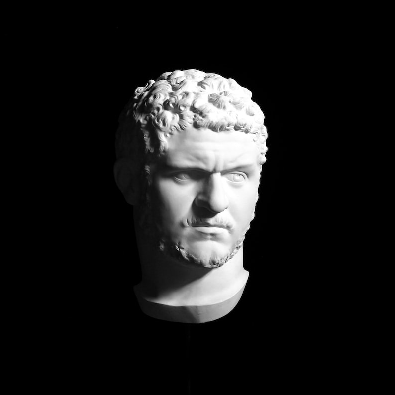 May include: A white plaster bust of a man with a stern expression. The sculpture features detailed curly hair, a short beard, and a prominent nose. The bust is set against a black background, with dramatic lighting highlighting the facial features.