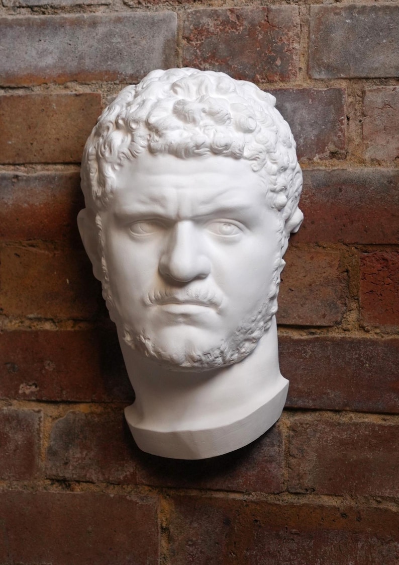 May include: A white plaster bust of a man's head, mounted on a brick wall. The sculpture features detailed facial features, including a furrowed brow, mustache, and beard. The head is a classical style sculpture.