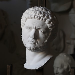 May include: White plaster bust of a man with short, curly hair. The bust is detailed with facial features and a beard.