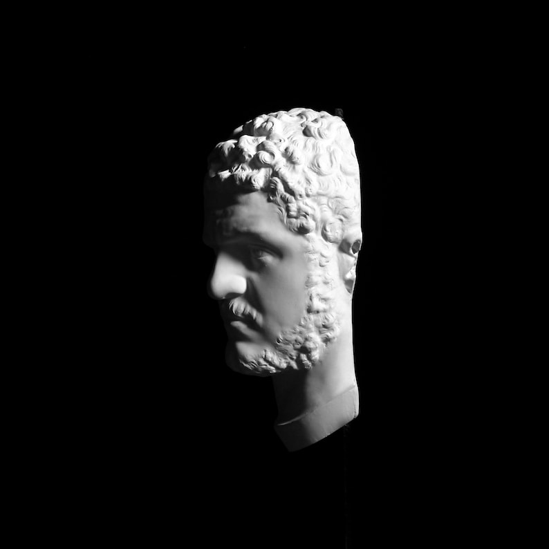 May include: A white plaster bust of a man with curly hair, a mustache, and a beard, set against a black background. The sculpture is lit from above, creating dramatic shadows and highlighting the details of the face.