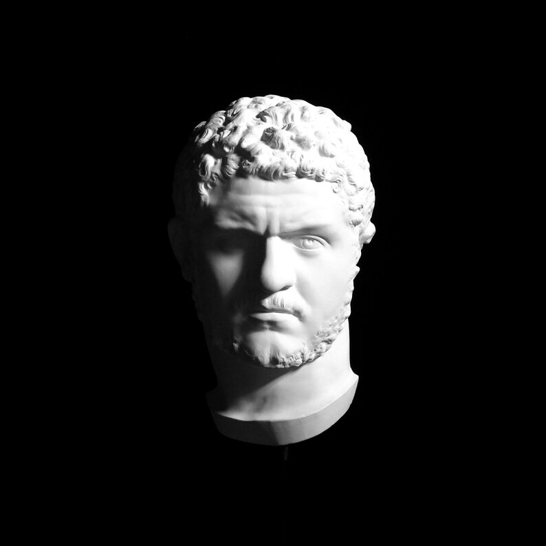 May include: A white plaster bust of a man with short, curly hair and a beard, set against a black background. The sculpture has a stern expression, with a furrowed brow and a slight frown. The lighting creates dramatic shadows.