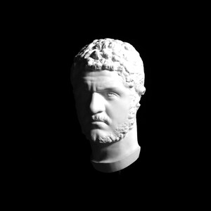 May include: A white plaster bust of a man with a beard and curly hair, set against a black background. The sculpture is lit from above, creating dramatic shadows that highlight the facial features.