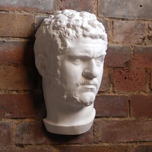 May include: A white plaster bust of a man's head, mounted on a red brick wall. The sculpture features detailed facial features, including a beard and curly hair. The bust is a classical art piece.