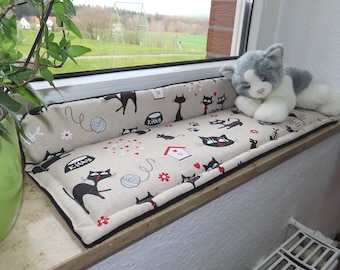 Zestaw 2 poduszek na siedzisko okienne, wymiary 70 x 18 cm i 64 x 18 cm, z panelem bocznym, poduszką dla kota na parapet, poduszką, poduszką na ławkę, matą dla kota