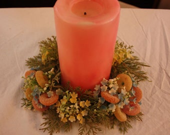 Vintage Rainbow Round Pedestal Candle with Plastic Cedar, Flower, and Candy Ring