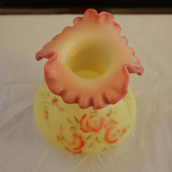 Vintage Fenton Roses on Burmese Vase 7252 RB, Hand Painted