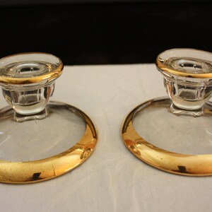 Vintage Jeannette Glass Camellia 22K Gold-Rimmed Candlestick Holders Pair image 9