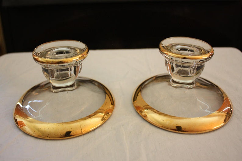 Vintage Jeannette Glass Camellia 22K Gold-Rimmed Candlestick Holders Pair image 9