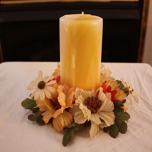 Vintage Silk Flower Ring with Hallmark Rainbow Round Pedestal Candle