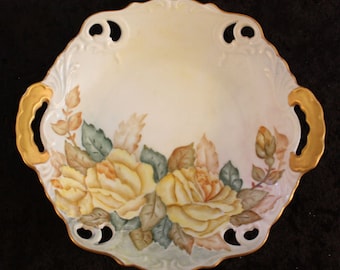 Vintage Hand Painted China Recessed Plate with Cut Outs and Gold Handles and Trim