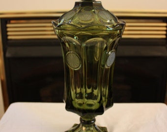 Vintage Fostoria Coin Glass Lidded Urn In Olive Green #829