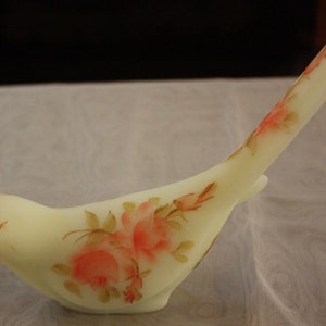 Vintage Fenton Bird of Happiness 5197 RC Hand Painted Roses on Custard, Signed image 1