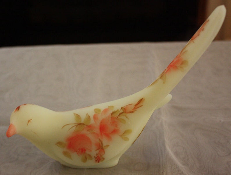 Vintage Fenton Bird of Happiness 5197 RC Hand Painted Roses on Custard, Signed image 1