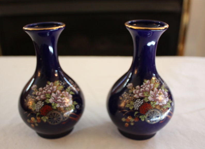 Vintage Pair of Kutani Cobalt Blue Porcelain Bud Vases Etsy