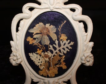 Vintage Handmade Picture with Dried Flowers in White Wrought Iron Frame