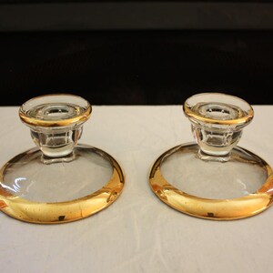 Vintage Jeannette Glass Camellia 22K Gold-Rimmed Candlestick Holders Pair image 2