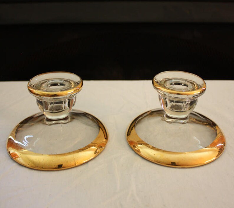 Vintage Jeannette Glass Camellia 22K Gold-Rimmed Candlestick Holders Pair image 2