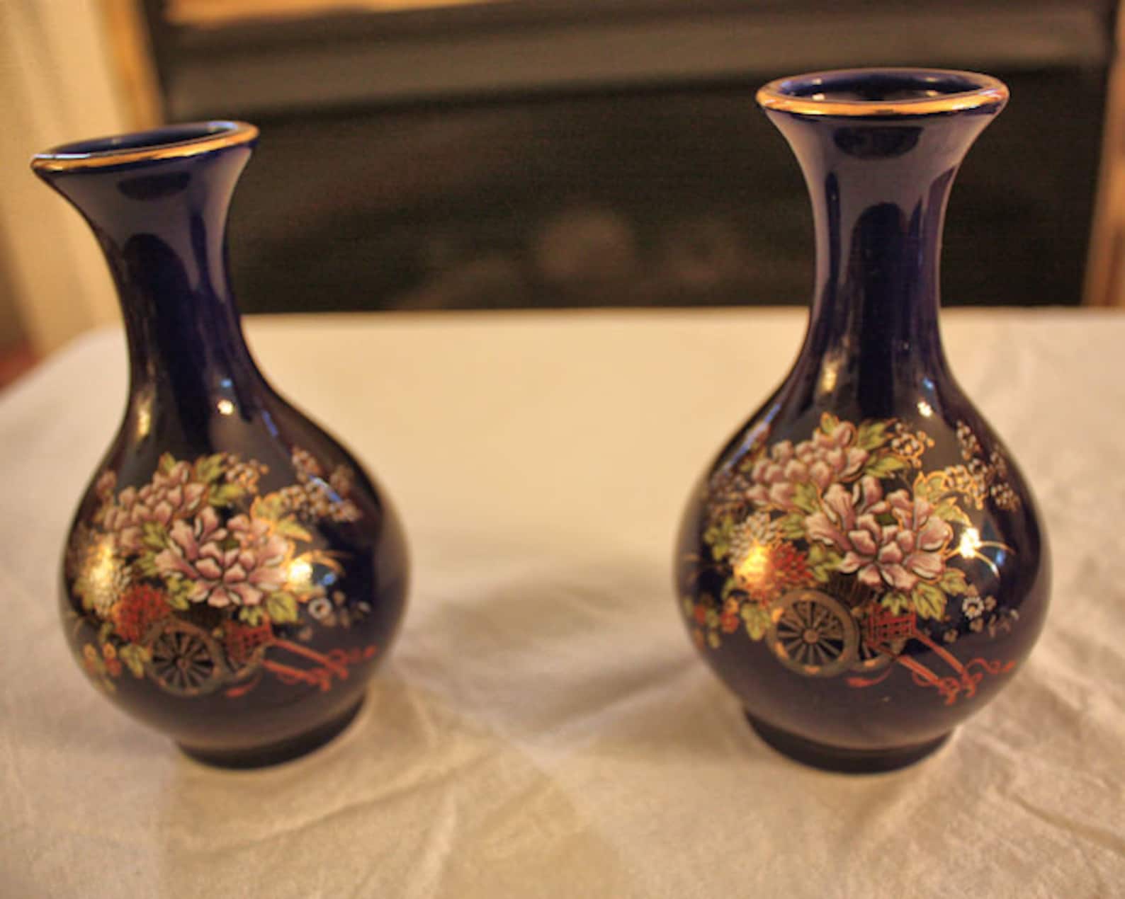 Vintage Pair of Kutani Cobalt Blue Porcelain Bud Vases Etsy