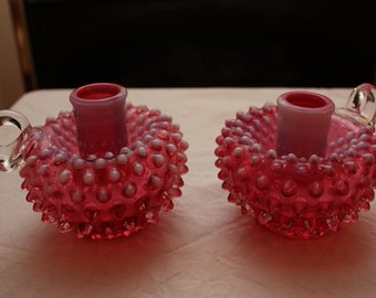 Vintage Fenton Cranberry Candlestick Holder Pair 3870 CR