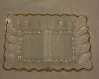 Vintage Gold-Rimmed Two-Sectioned Glass Relish Dish