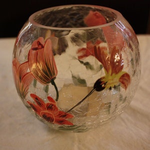 Vintage Fifth Avenue Crystal Crackle Glass Votive Bowl with Hummingbird and Flowers