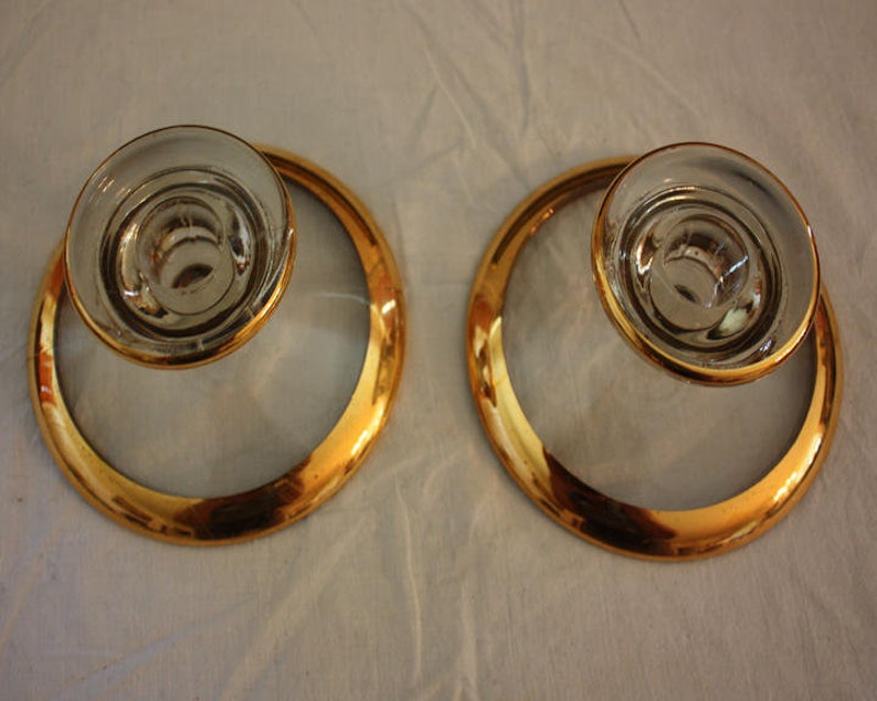 Vintage Jeannette Glass Camellia 22K Gold-Rimmed Candlestick Holders Pair image 8