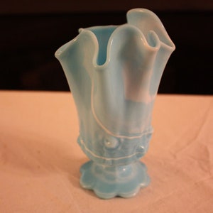 Vintage Fenton Blue Marble Blue Slag Cabbage Rose Handkerchief Vase 9254 MB image 1