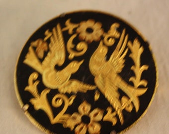 Vintage Spanish Damascene Round Inlaid Metal Bird Brooch/Pin