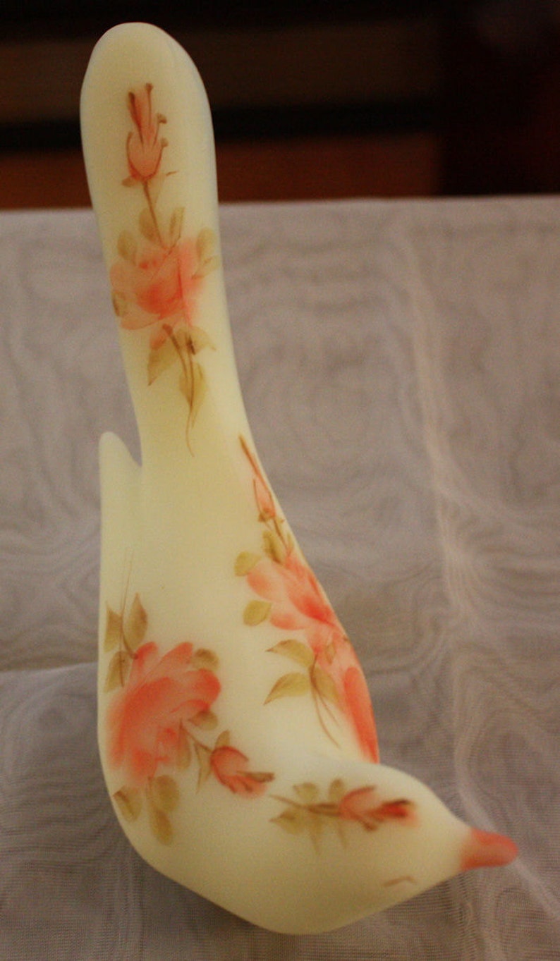 Vintage Fenton Bird of Happiness 5197 RC Hand Painted Roses on Custard, Signed image 2