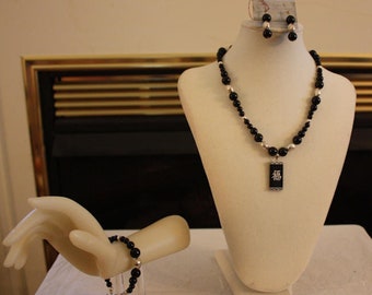 Vintage Handmade Three-Piece Black Onyx Jewelry Set