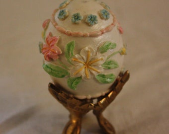 Vintage Ceramic Floral Egg On A Brass Stand