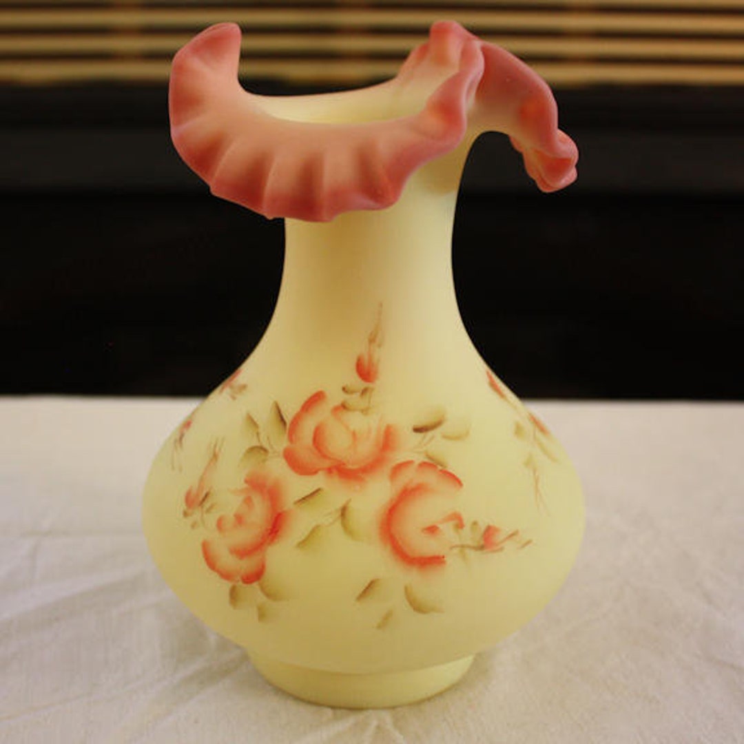 Vintage Fenton Roses on Burmese Vase 7252 RB, Hand Painted