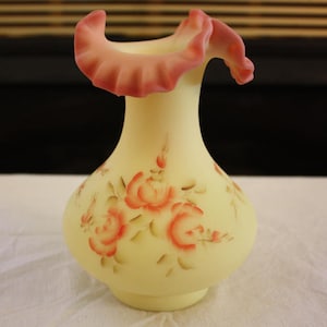 Vintage Fenton Roses On Burmese Vase 7252 RB, Hand Painted and Signed