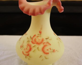 Vintage Fenton Roses On Burmese Vase 7252 RB, Hand Painted and Signed